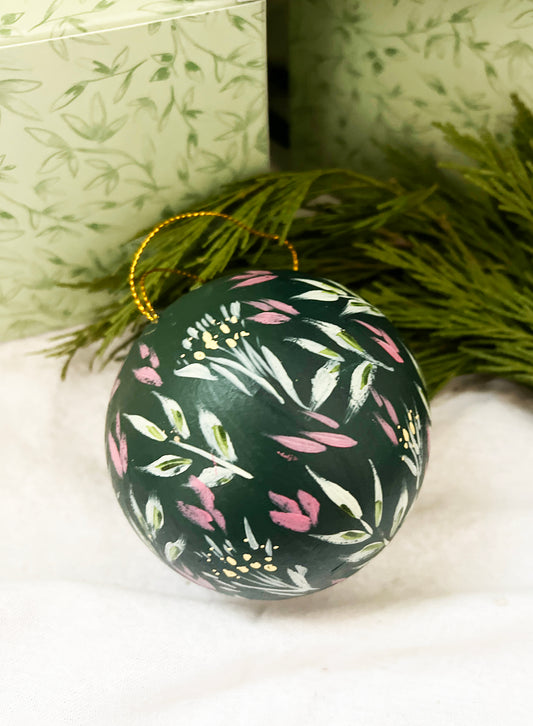 Hand Painted Round Ornament | Garden on Holly Green