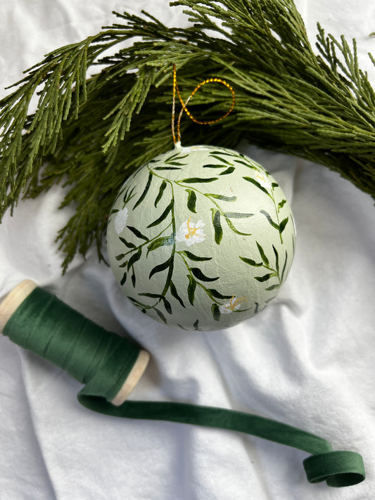 Hand Painted Round Ornament | Greenery on Sage